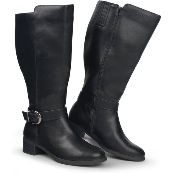 Shoes - Women's Extra Wide Calf Pull On Side Zipper Zip Closure Knee High Black Boots